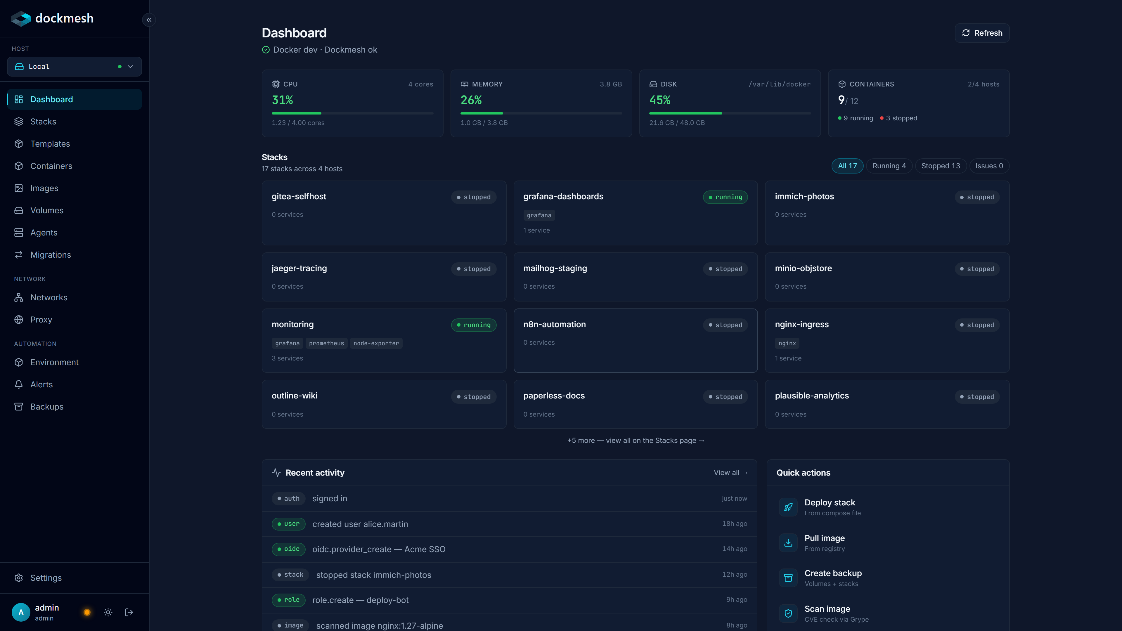 Dockmesh dashboard with CPU, memory, disk, container count tiles and a 17-stack fleet across 3 hosts