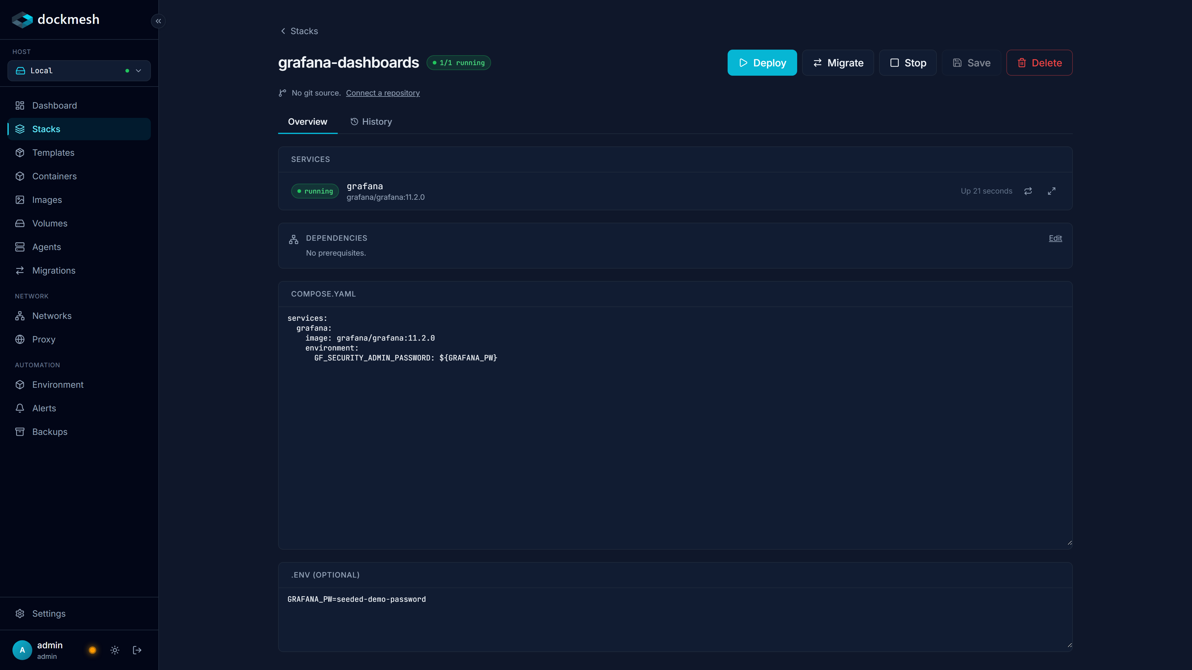 Stack detail page for grafana-dashboards showing compose editor + service replicas + rollback history