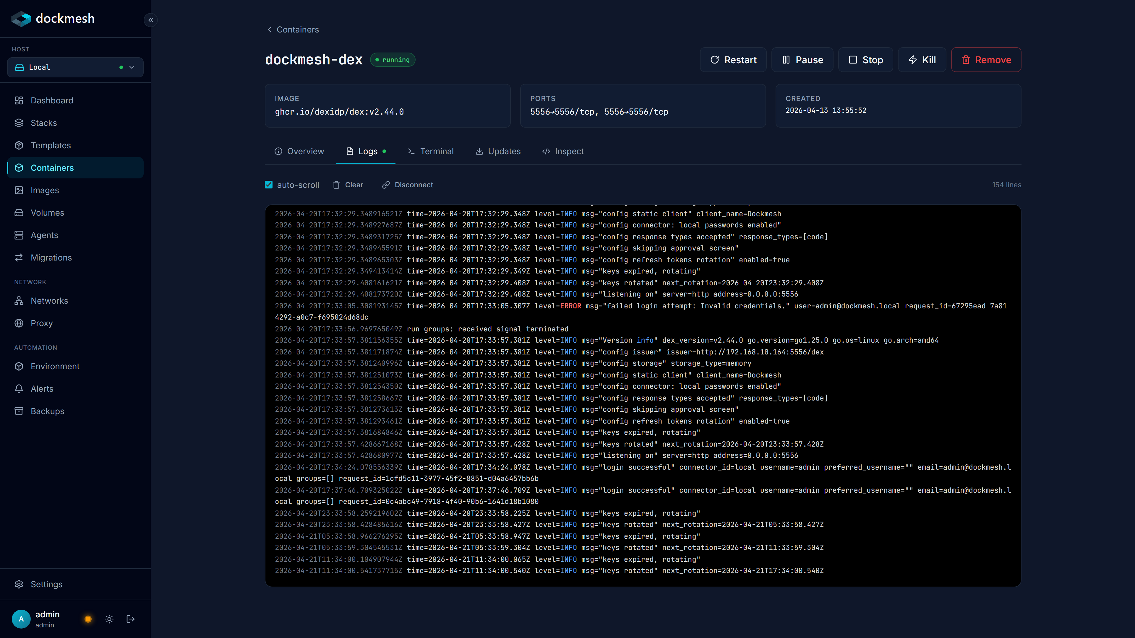 Live container log stream with autoscroll + follow toggle