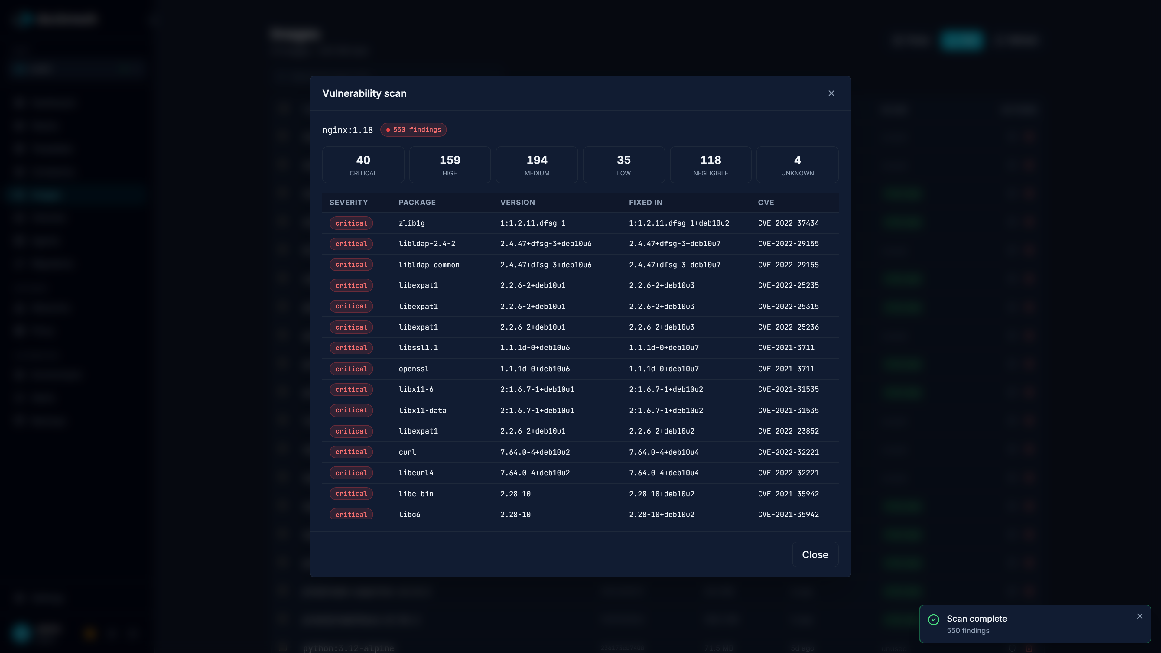 Grype CVE scan result for nginx:1.18 with 40 critical, 159 high findings listed