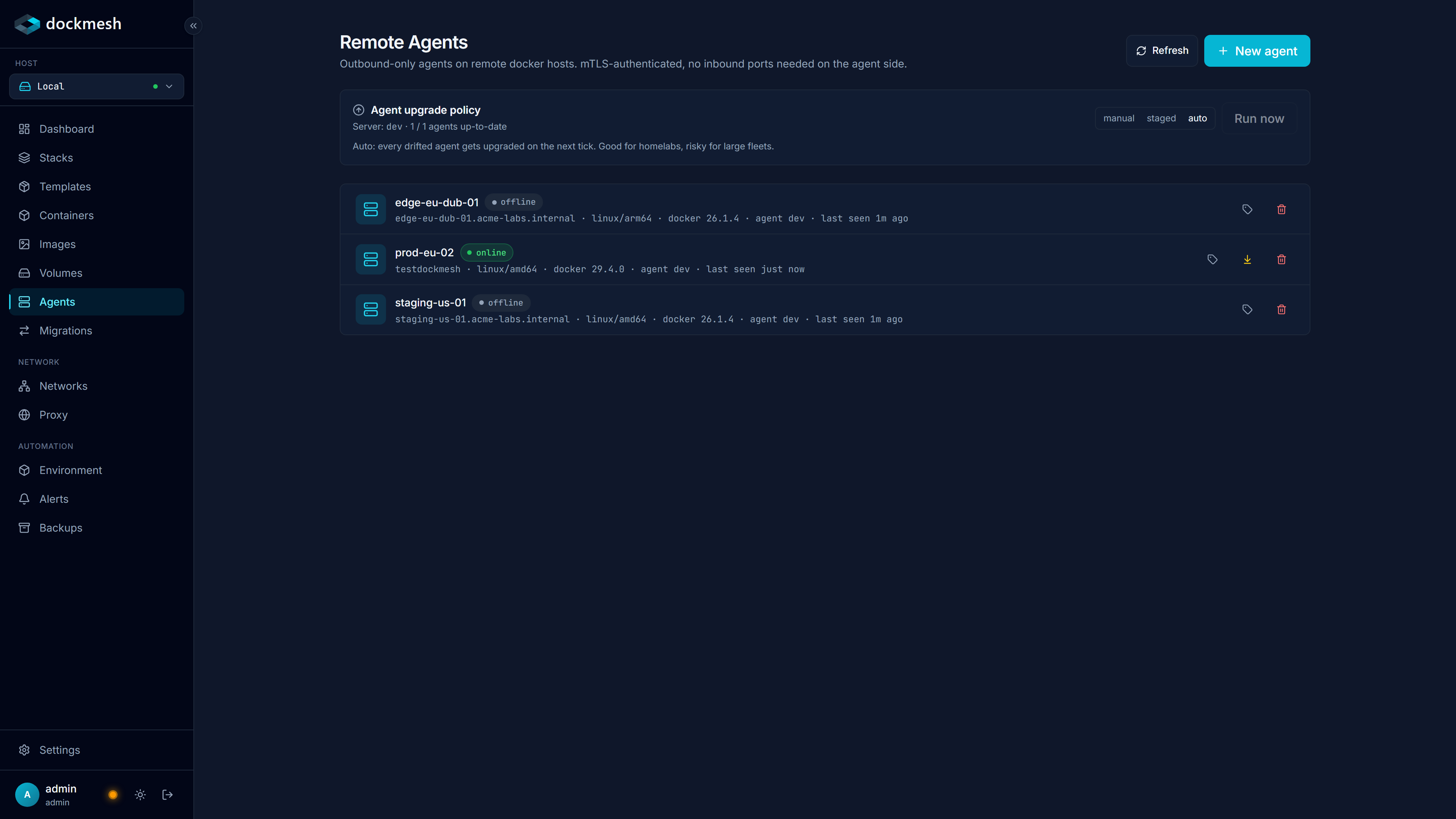 Remote agents page showing an mTLS-connected multi-host fleet with upgrade policy