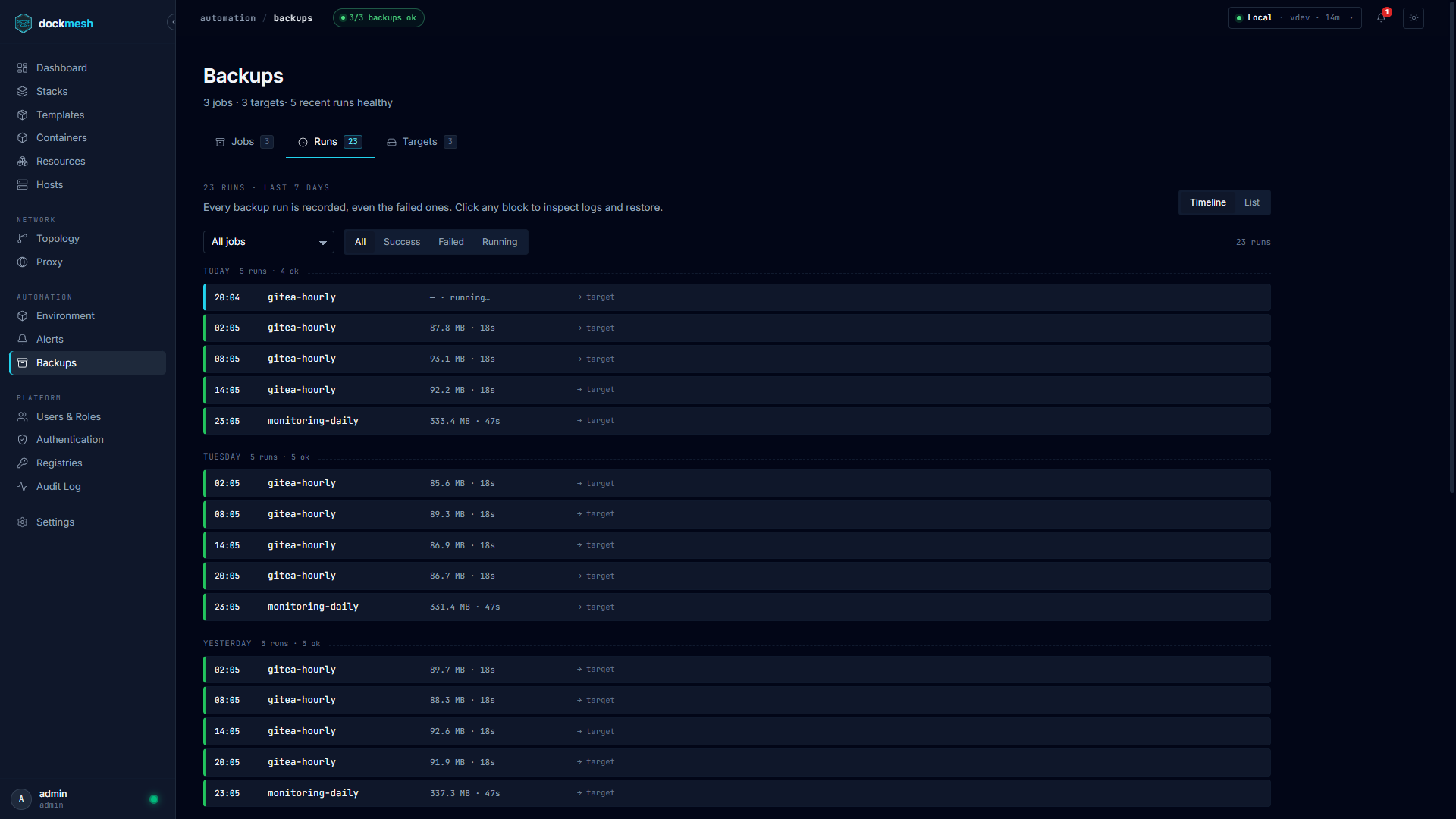 dockmesh — Backups · Runs